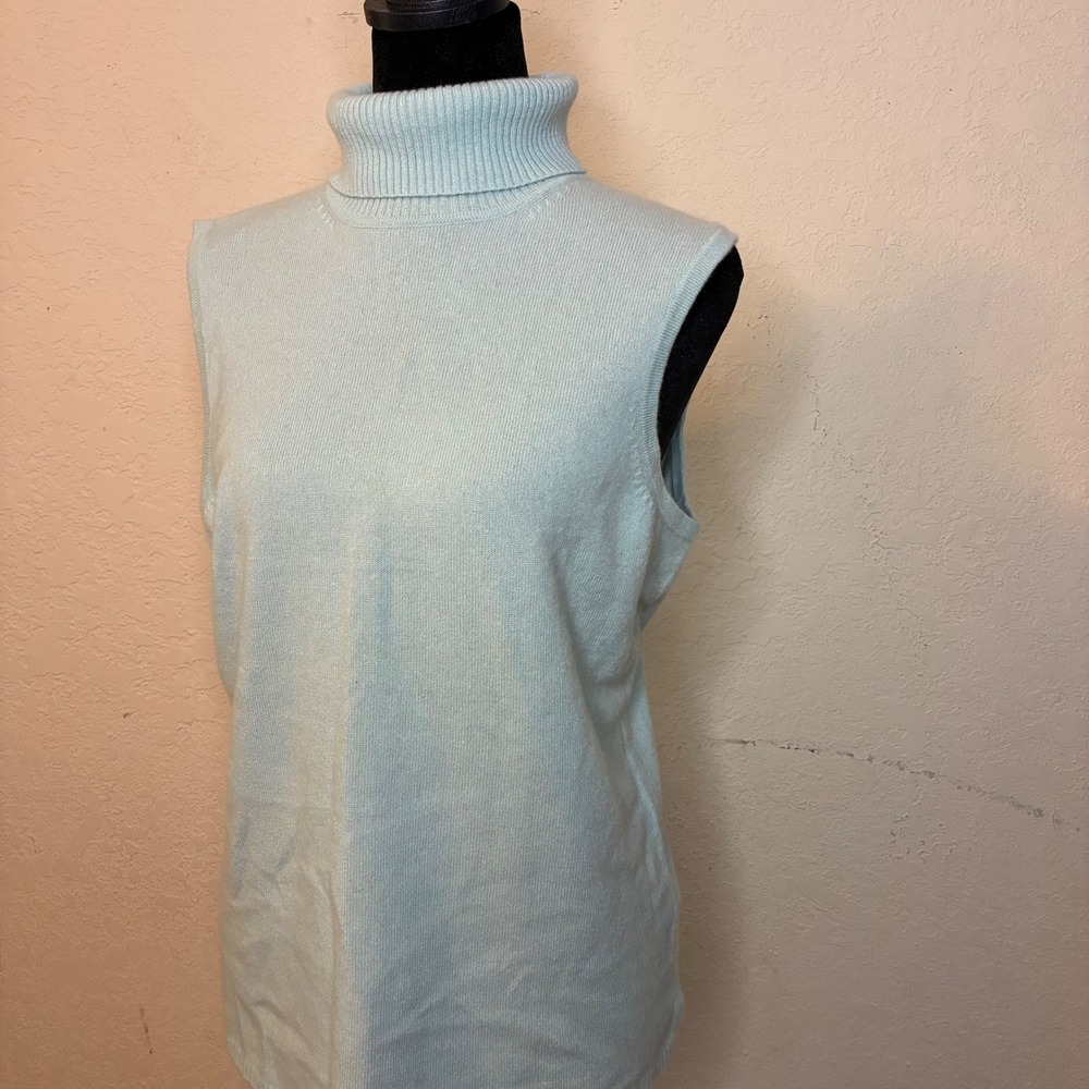 Chadwicks Womens Light Blue 100% Cashmere Sleeveless Turtleneck Sweater Large